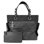 Chanel Tote Paris Biarritz MM Handbag CC Logo Shoulder Leather Black Silver