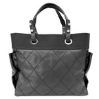 Chanel Tote Paris Biarritz MM Handbag CC Logo Shoulder Leather Black Silver — view 2