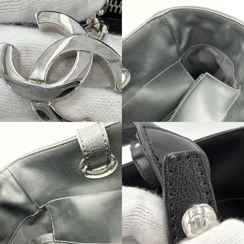 Chanel Tote Paris Biarritz MM Handbag CC Logo Shoulder Leather Black Silver — view 6