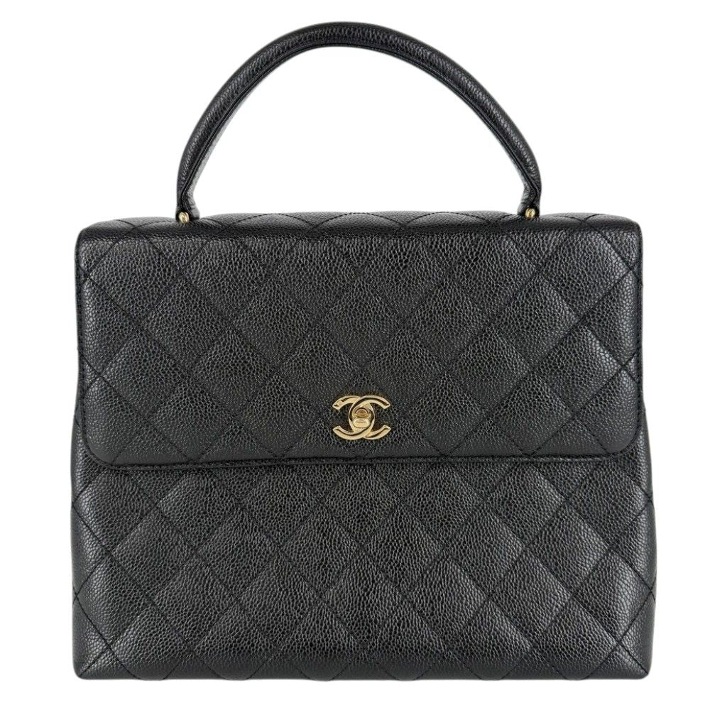 Chanel Handbag Quilted CC Logo Turnlock Top Handle Caviar Leather Black Gold