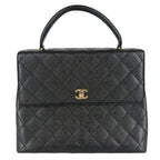 Chanel Handbag Quilted CC Logo Turnlock Top Handle Caviar Leather Black Gold