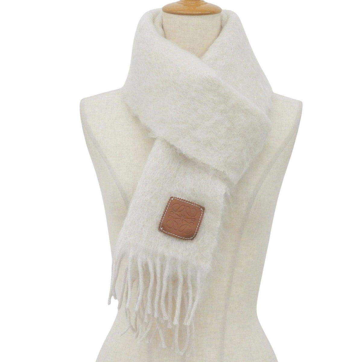 Loewe Mohair Wool Anagram Leather Patch Scarf with Fringe White Brown — view 2