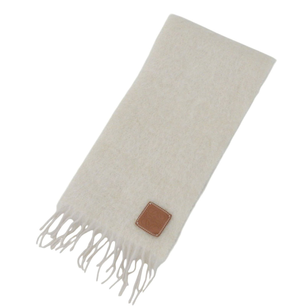Loewe Mohair Wool Anagram Leather Patch Scarf with Fringe White Brown