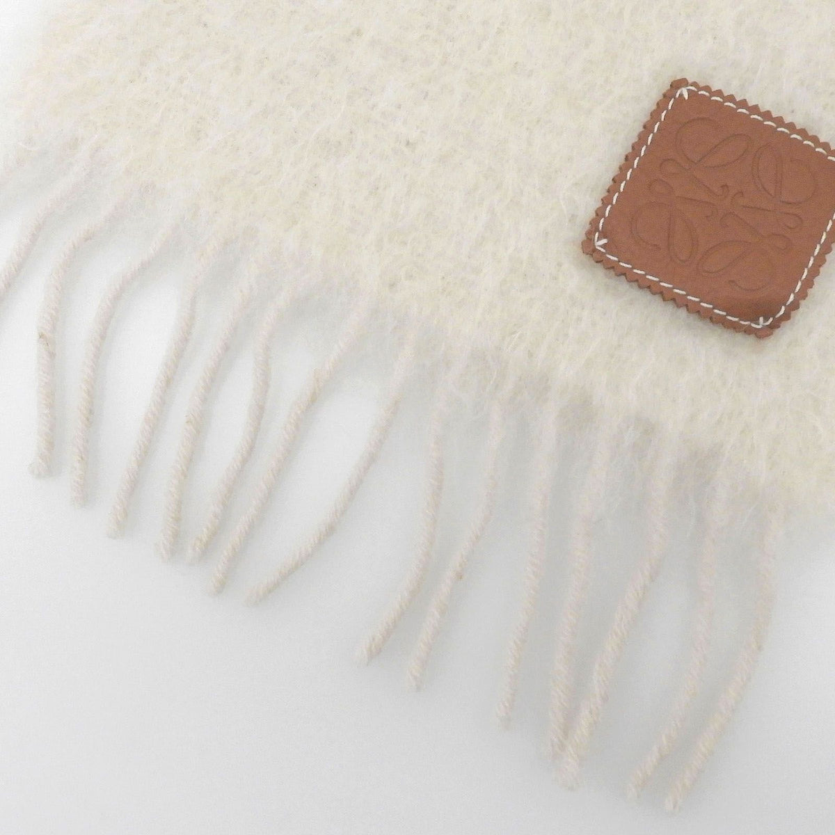 Loewe Mohair Wool Anagram Leather Patch Scarf with Fringe White Brown — view 5