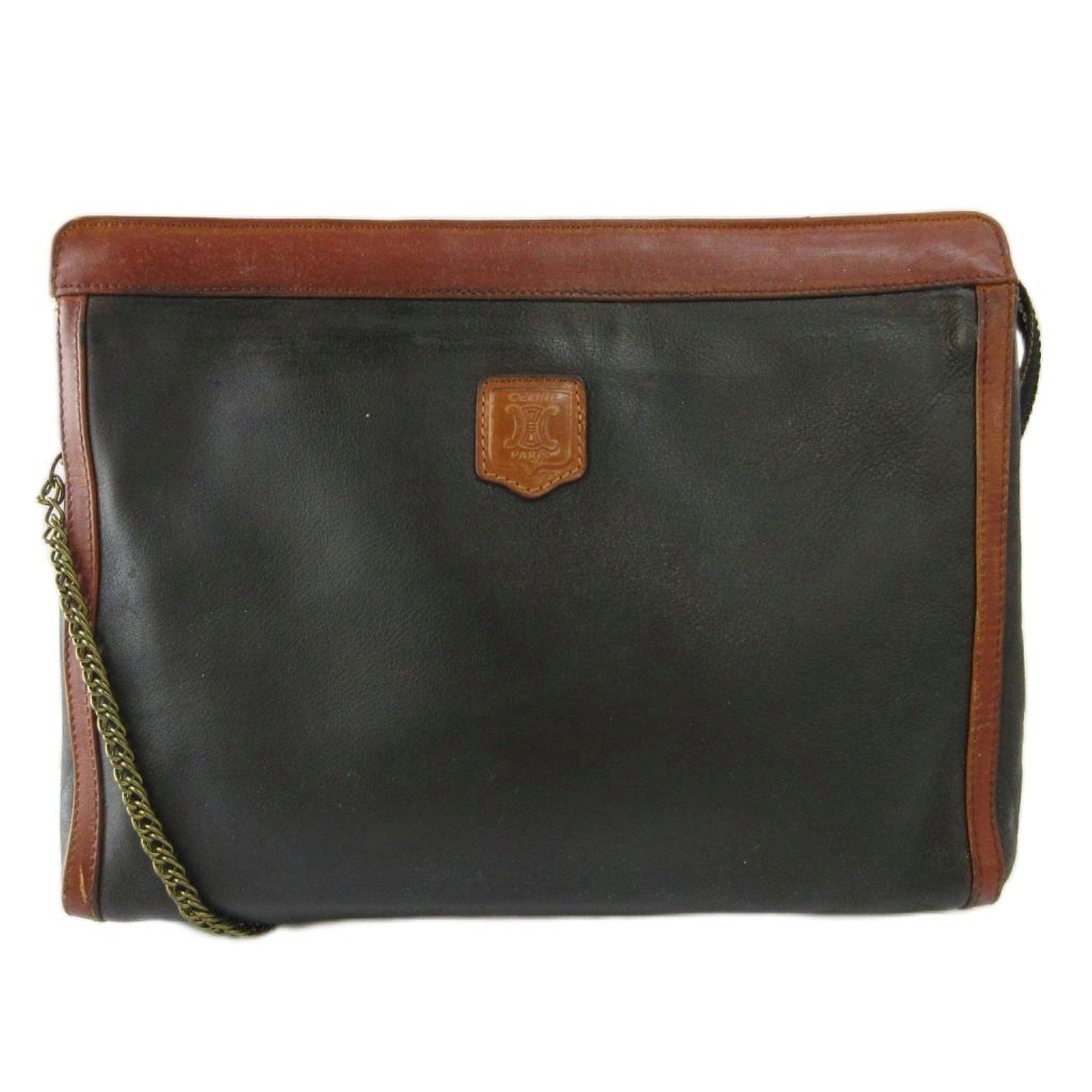 Celine Vintage Clutch Shoulder 2-Way Leather Chain Logo Black Brown