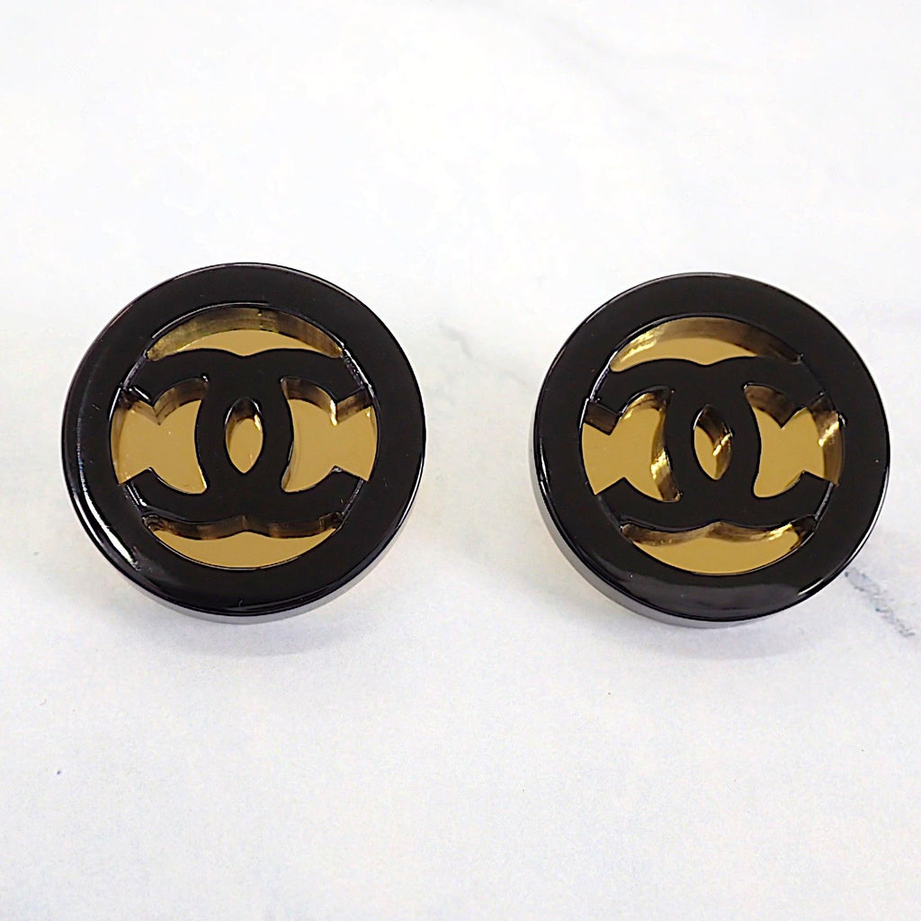 Chanel CC Round Earrings Black Gold
