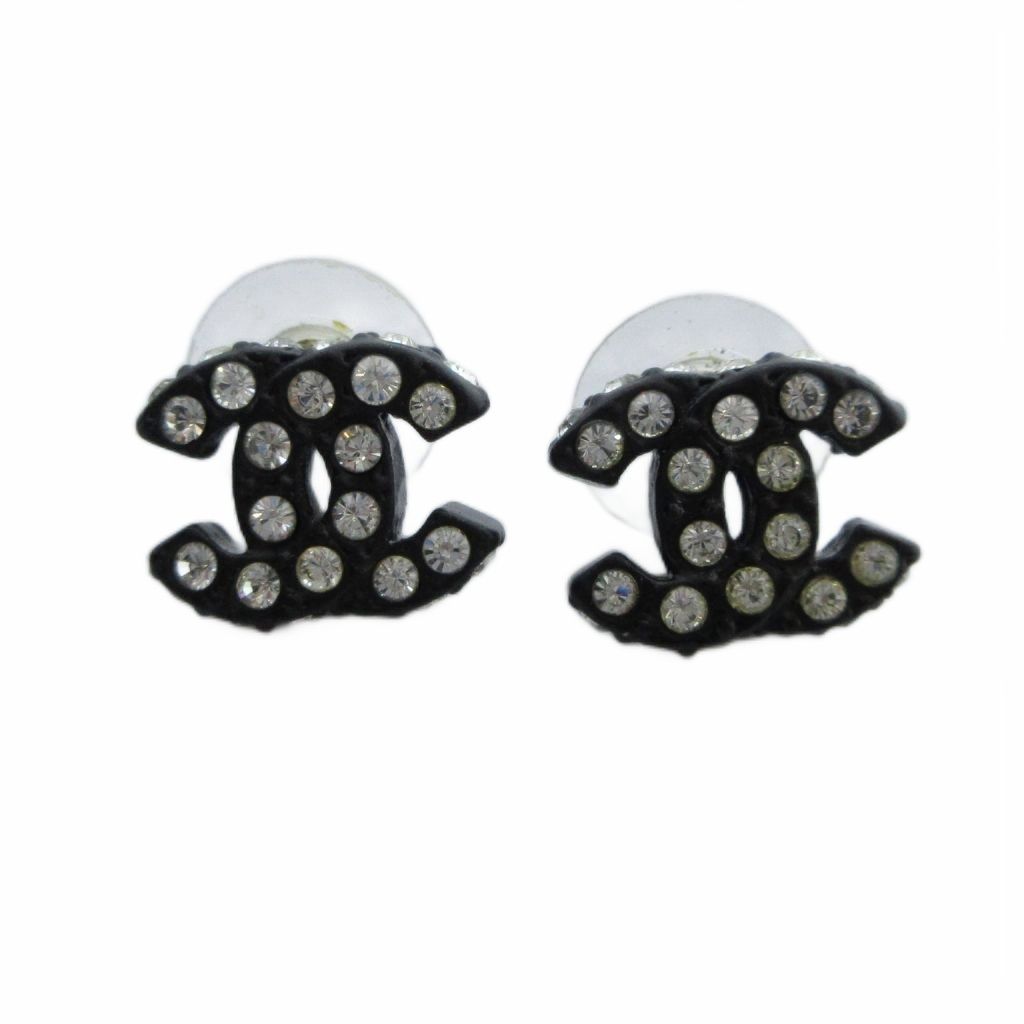 Chanel 02A Stud Earrings Logo CC Rhinestone Black