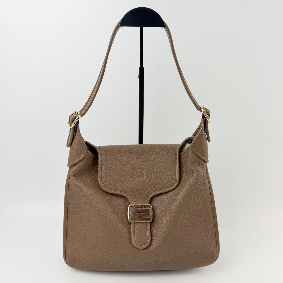 Loewe Anagram Embossed Flap Buckle Shoulder Bag Leather Greige Gold Vintage