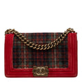 Chanel CC Logo Boy 25 Chain Shoulder Bag Red Antique Gold Velour Leather