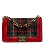 Chanel CC Logo Boy 25 Chain Shoulder Bag Red Antique Gold Velour Leather