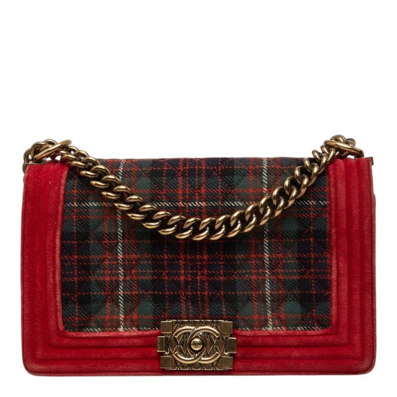 Chanel CC Logo Boy 25 Chain Shoulder Bag Red Antique Gold Velour Leather