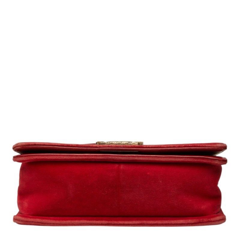 Chanel CC Logo Boy 25 Chain Shoulder Bag Red Antique Gold Velour Leather — view 3