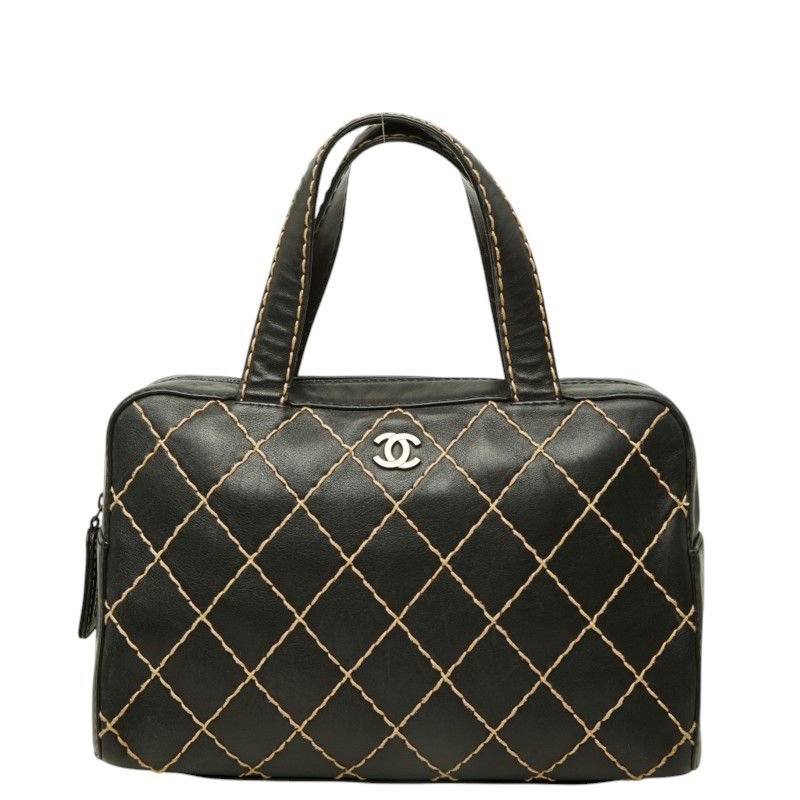 Chanel CC Logo Wild Stitch Mini Boston Bag Black Leather