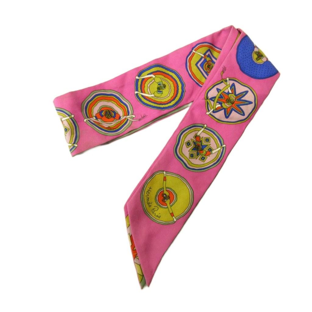 Hermes Mexico Belles du Mexique Twilly Scarf All Over Print Silk Pink