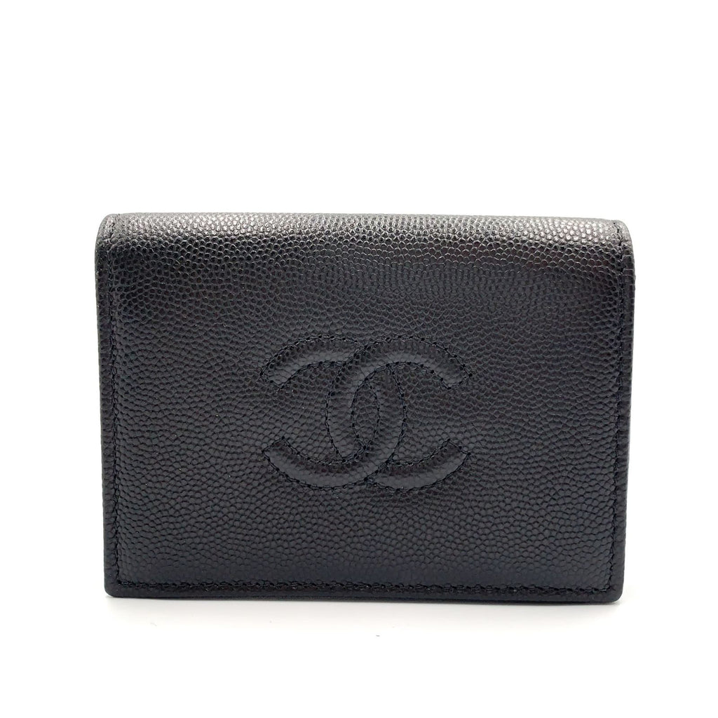 Chanel CC Logo Random Leather Caviar Black Card Case Silver
