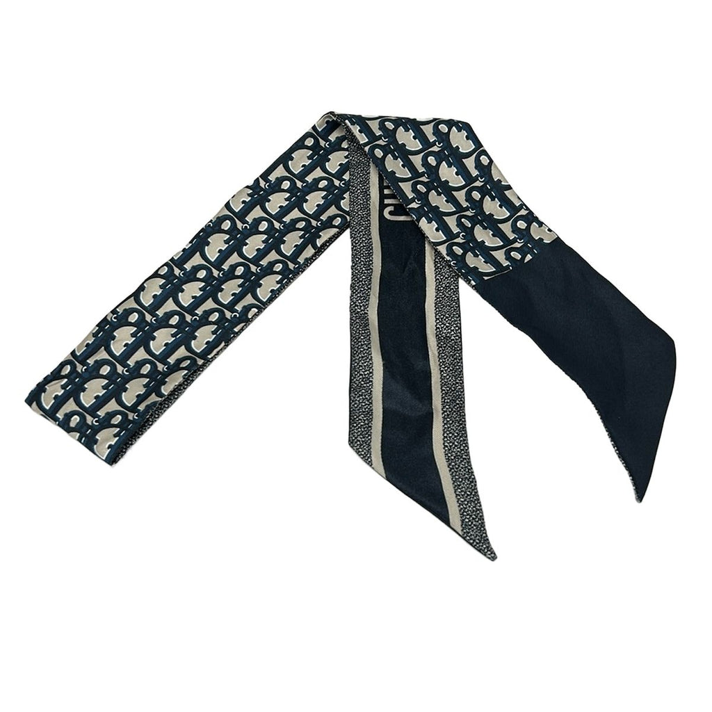 Dior Scarf Navy Dark Beige Ribbon Logo Glam