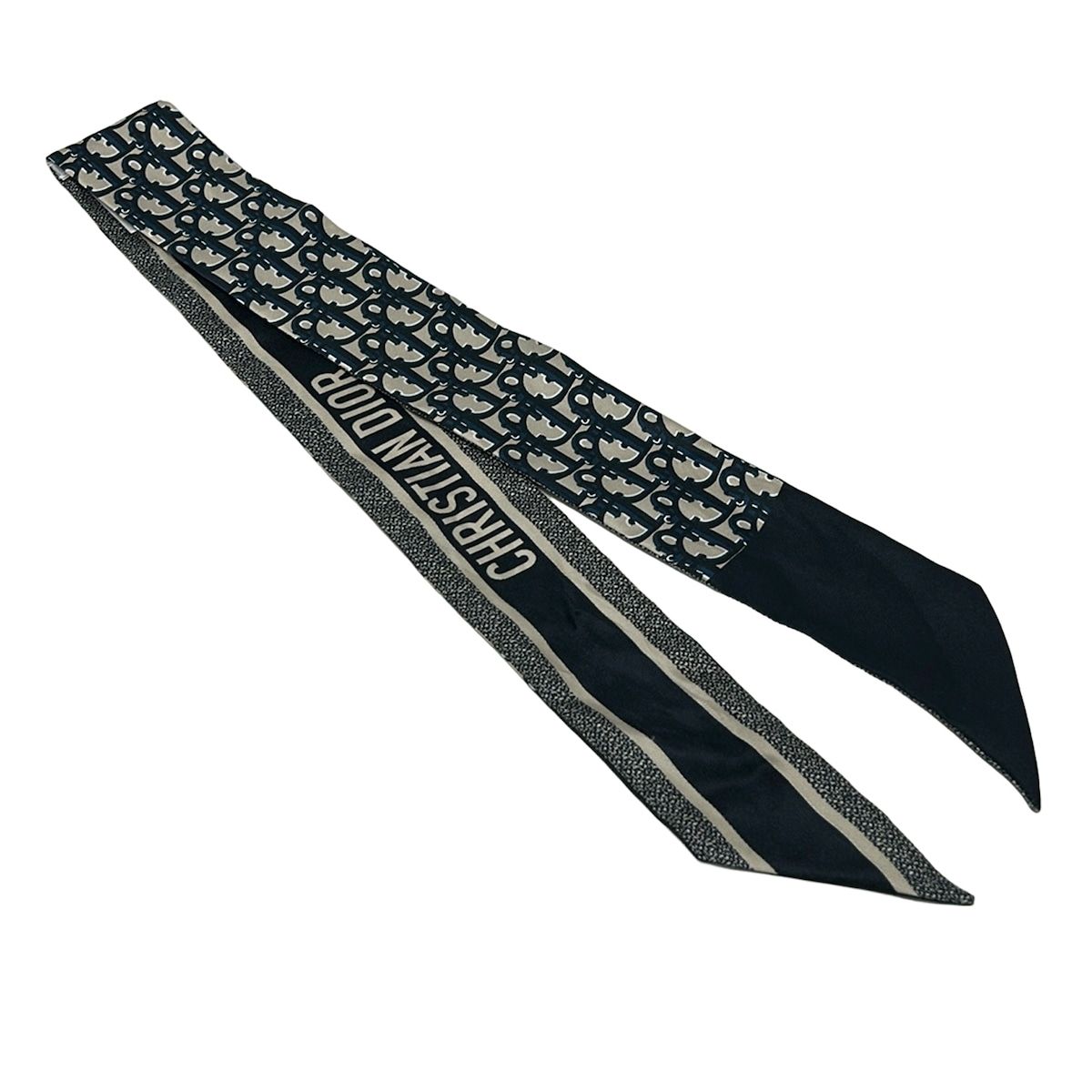 Dior Scarf Navy Dark Beige Ribbon Logo Glam — view 3