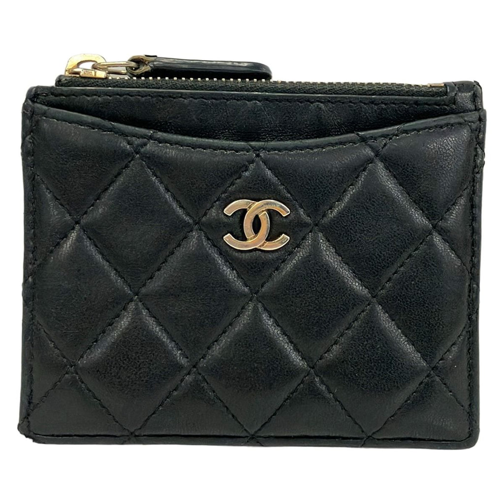 Chanel Coin Purse Quilted Black Card CC Logo Gold Lambskin