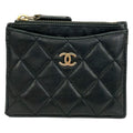 Chanel Coin Purse Quilted Black Card CC Logo Gold Lambskin