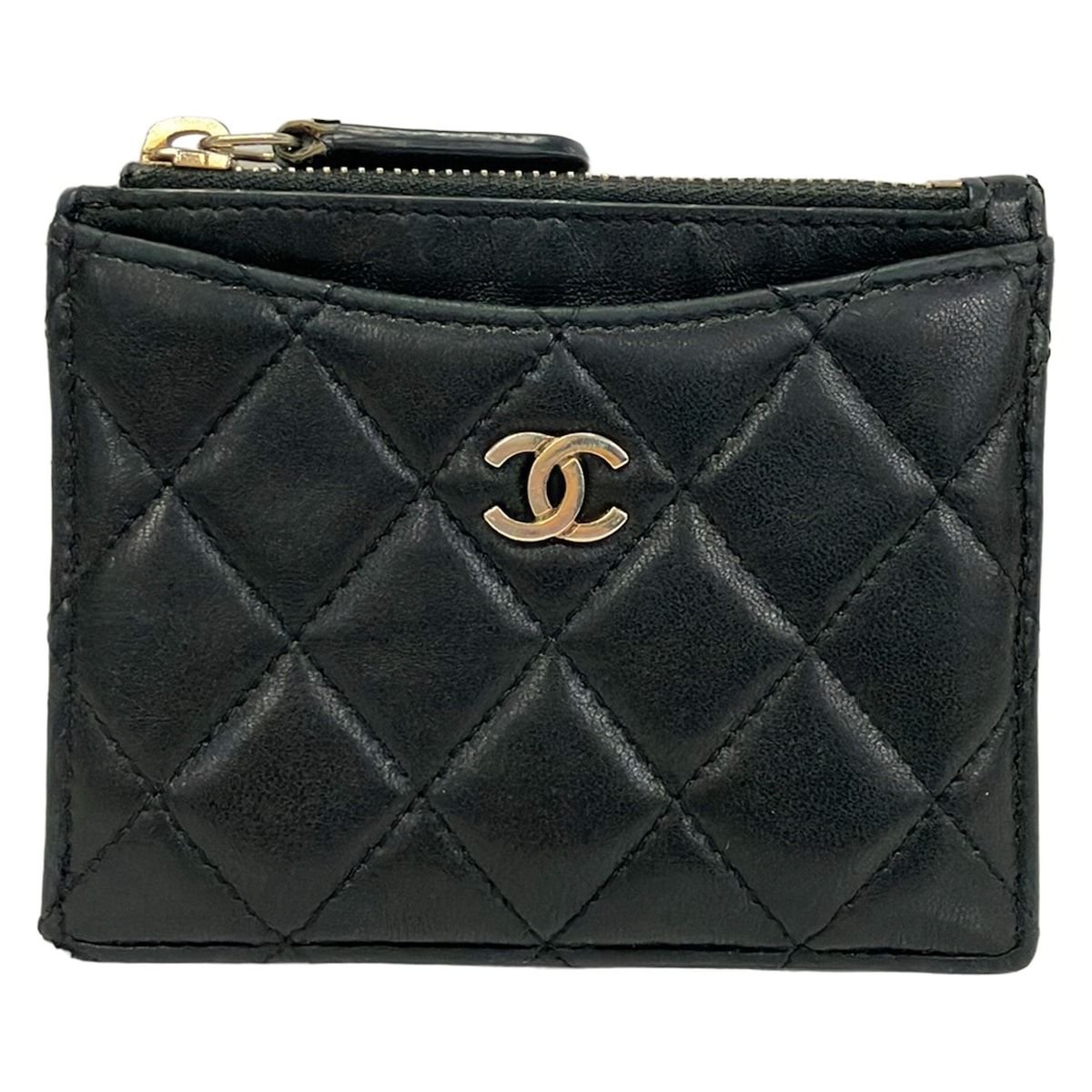 Chanel Coin Purse Quilted Black Card CC Logo Gold Lambskin
