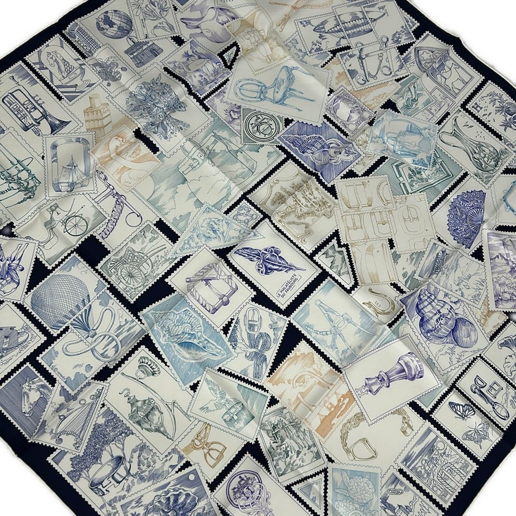 Hermes Scarf Carre 90 Dark Navy White Multi le Philateliste du Faubourg