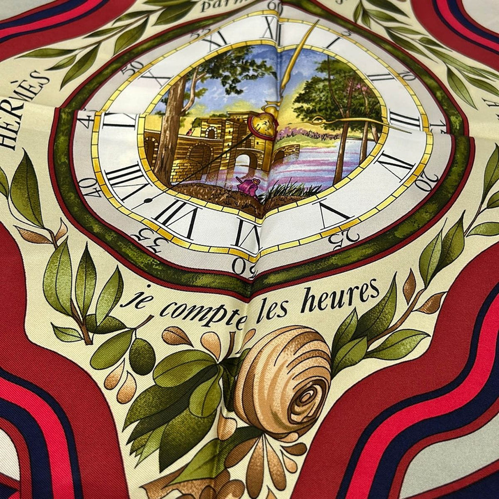 Hermes Scarf Carre 90 White Navy Red Parmi les Fleurs Je Compte les Heures Silk — view 4
