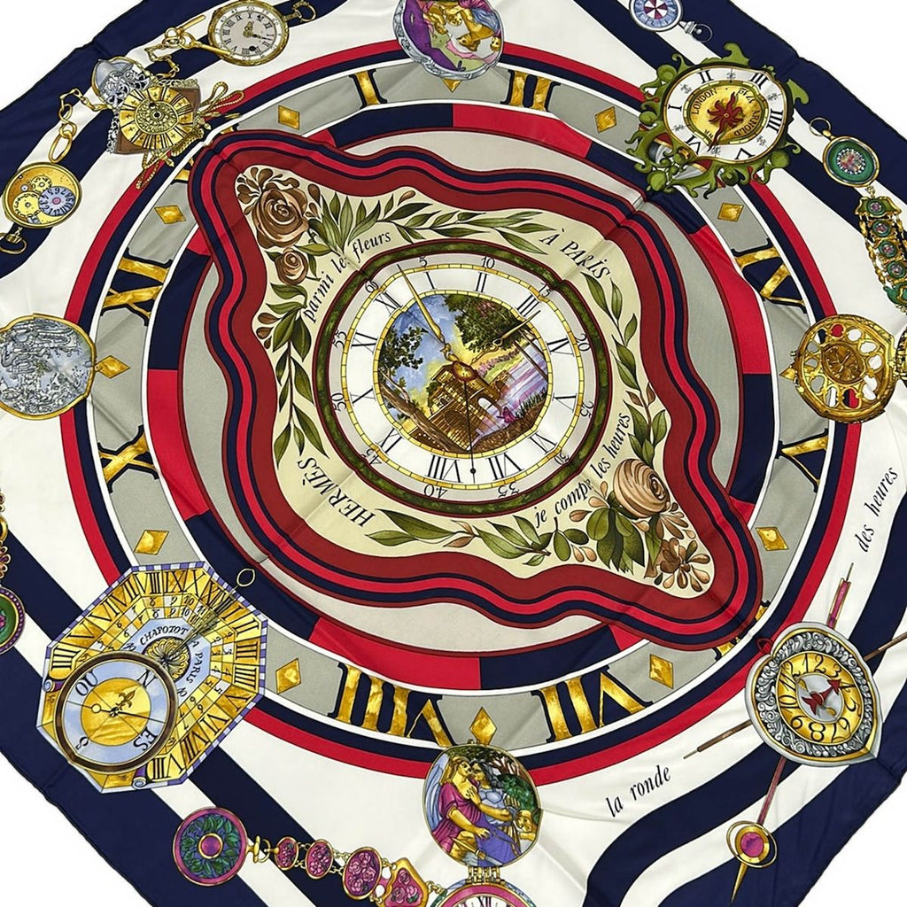 Hermes Scarf Carre 90 White Navy Red Parmi les Fleurs Je Compte les Heures Silk
