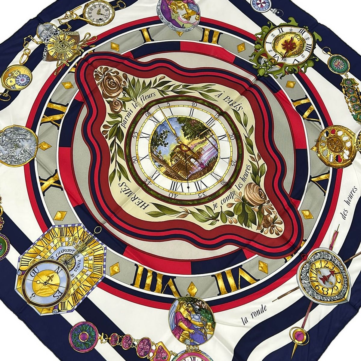 Hermes Scarf Carre 90 White Navy Red Parmi les Fleurs Je Compte les Heures Silk