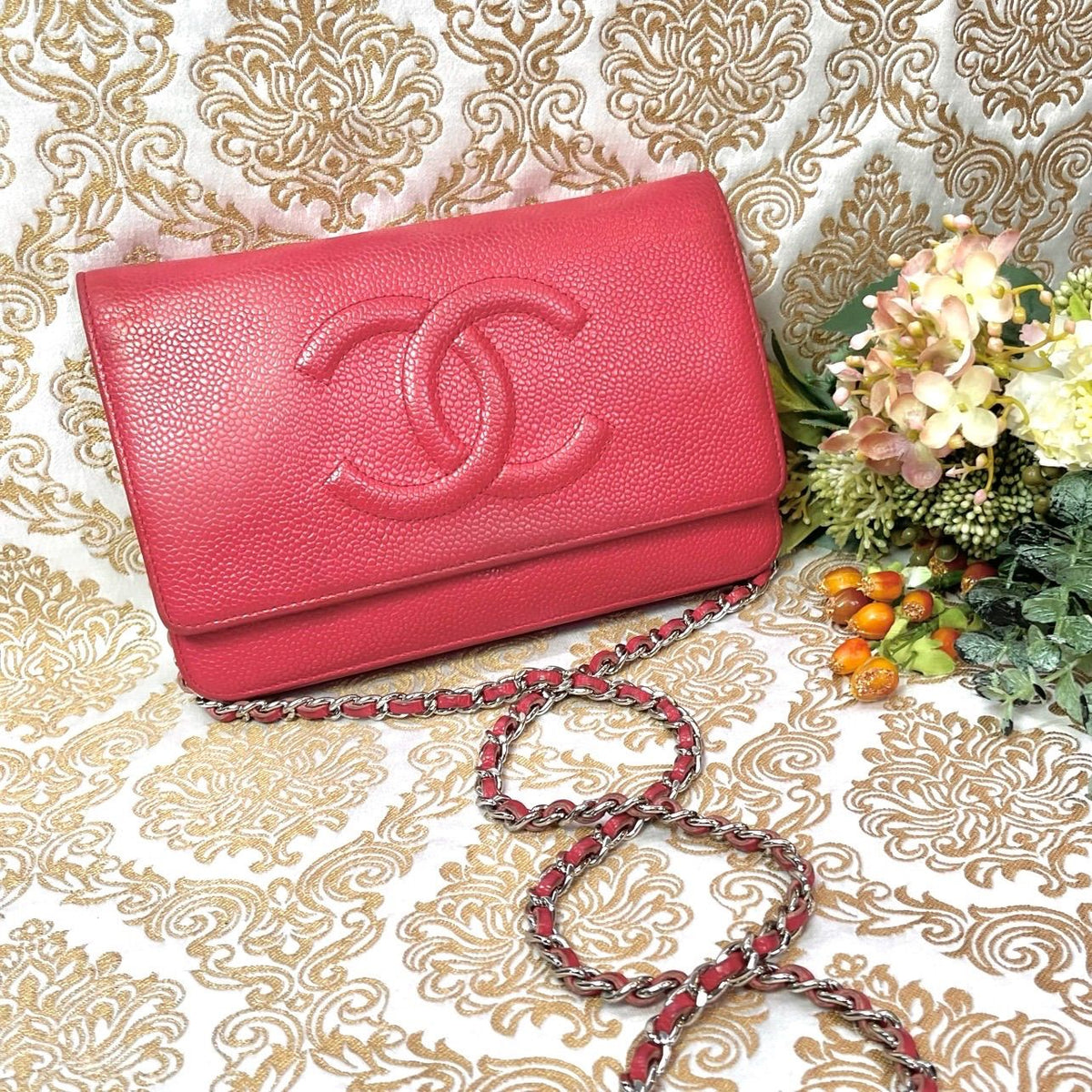 Chanel Chain Wallet Jumbo CC Logo Caviar Leather Red Shoulder Bag