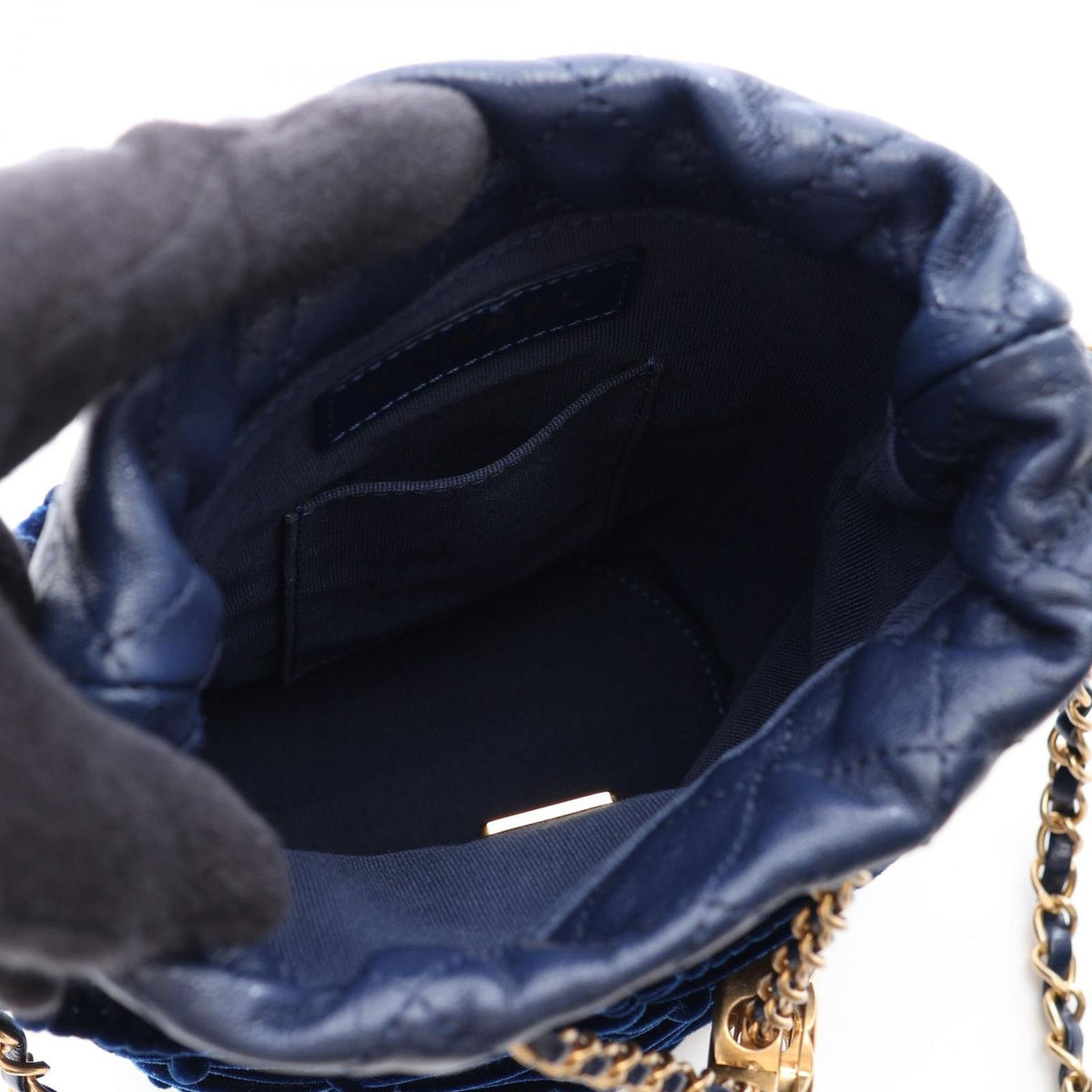 Chanel Shoulder Bag Quilted Drawstring Mini Navy Leather Fabric — view 3