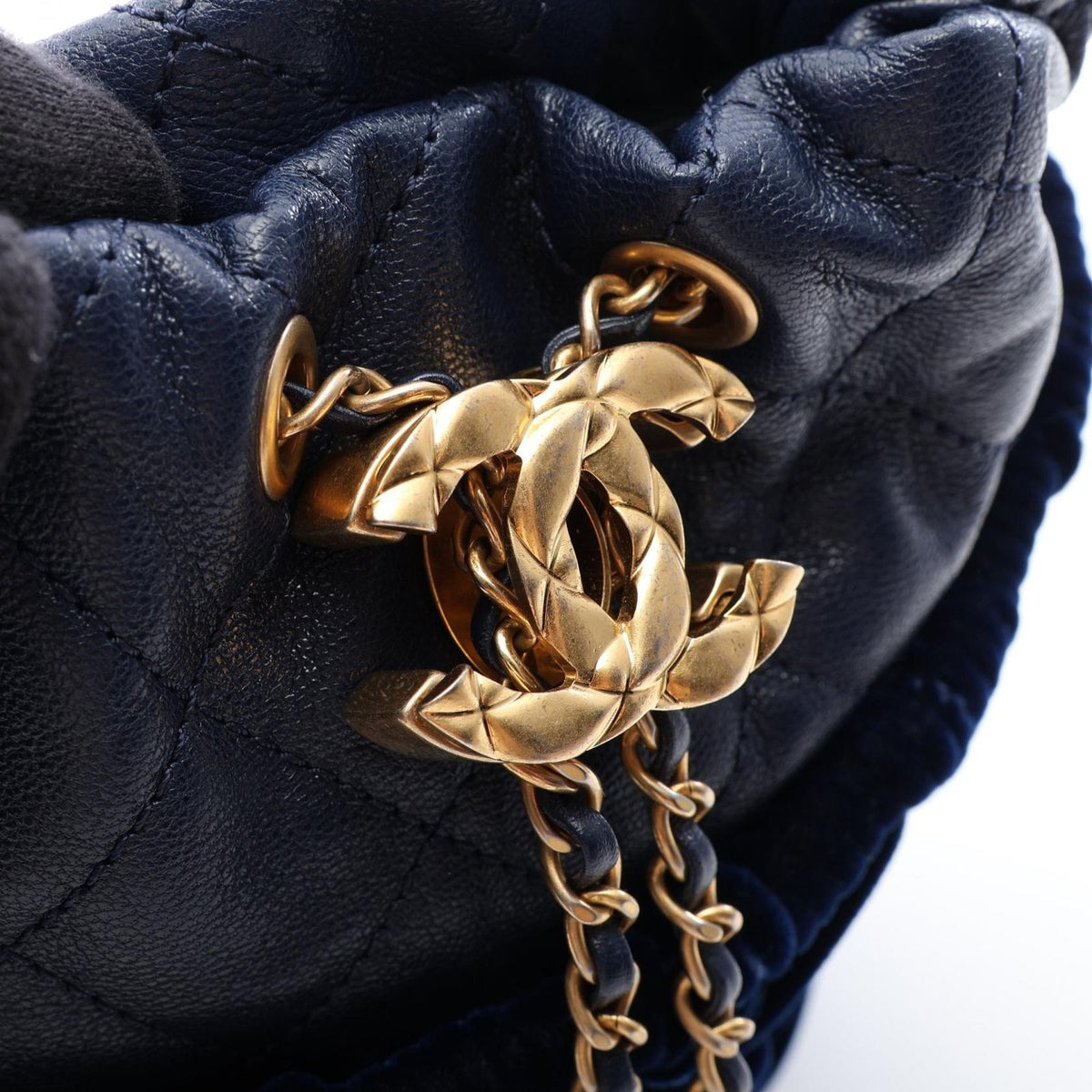 Chanel Shoulder Bag Quilted Drawstring Mini Navy Leather Fabric — view 8