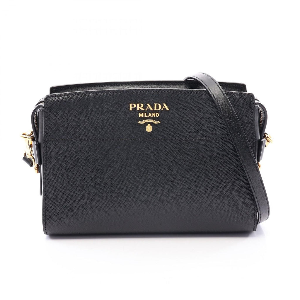 Prada Shoulder Bag Saffiano Soft Calfskin Black Leather Metal Logo