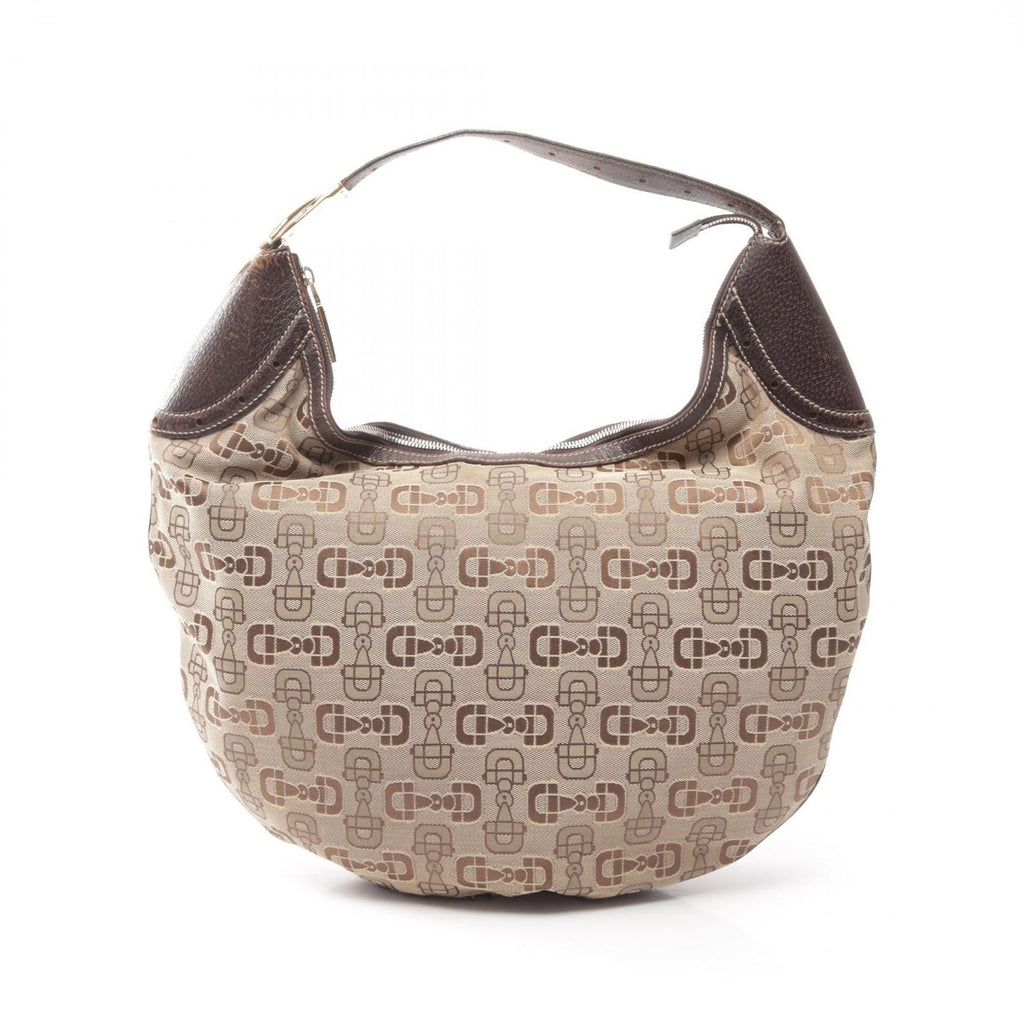 Gucci Shoulder Bag Horsebit Beige Brown Canvas Leather