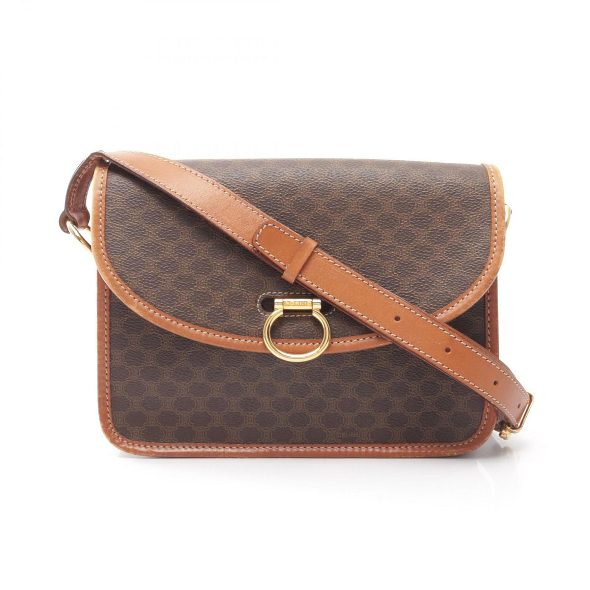 Celine Shoulder Bag Macadam Dark Brown Camel Leather Gancini
