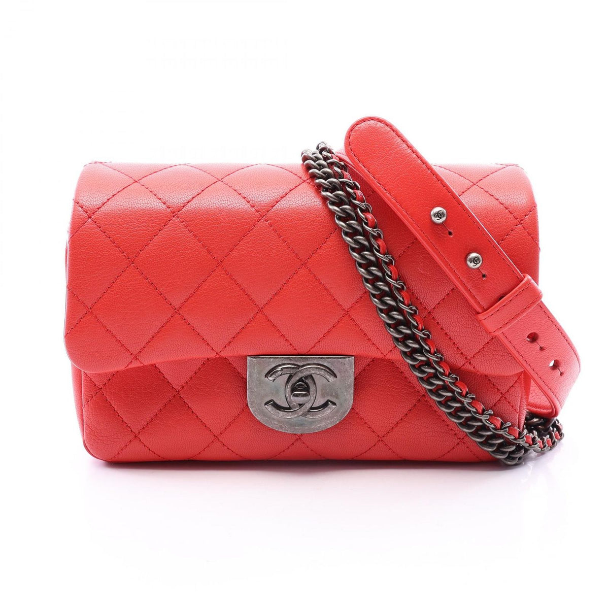 Chanel Shoulder Bag Quilted Red Leather Flap Chain