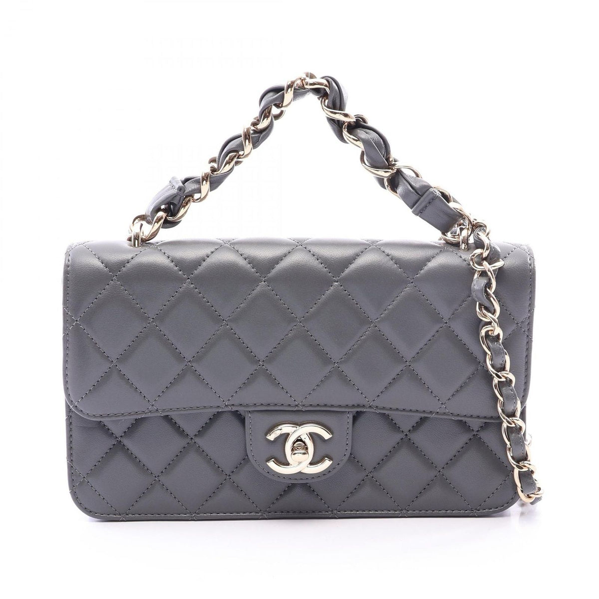 Chanel Shoulder Bag Quilted Flap 2-Way Gray Lambskin Chain