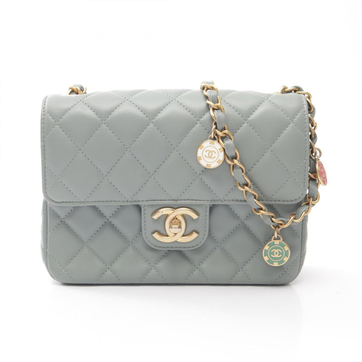 Chanel Shoulder Bag Mini Quilted Blue Gray Lambskin Chain
