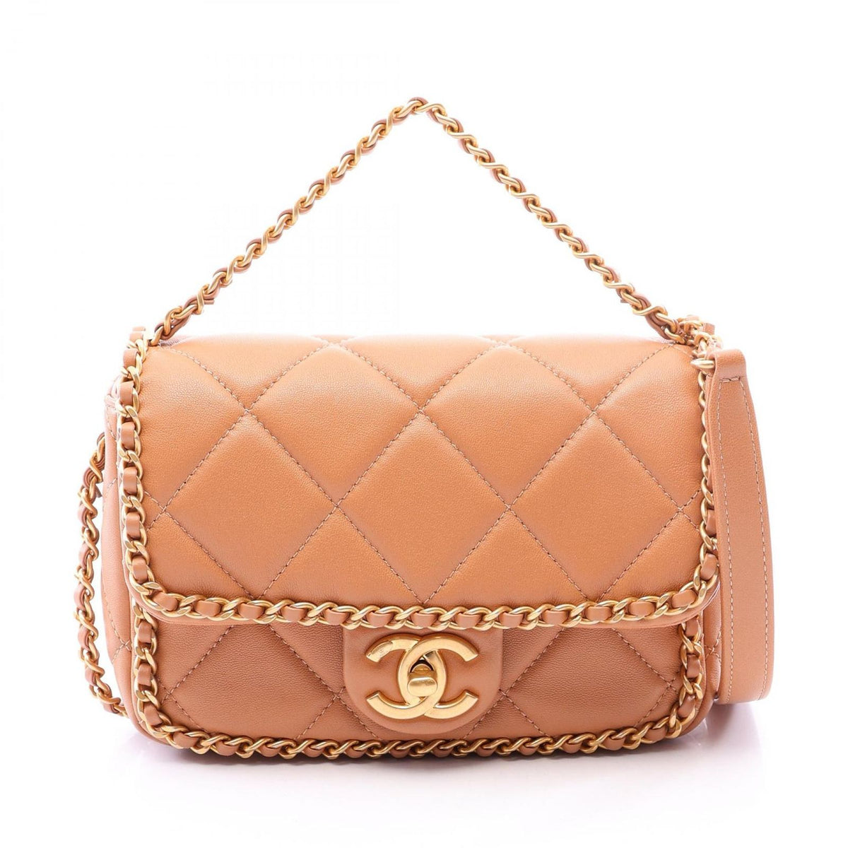 Chanel Shoulder Bag Quilted 2-Way Camel Lambskin Chain Around Flap