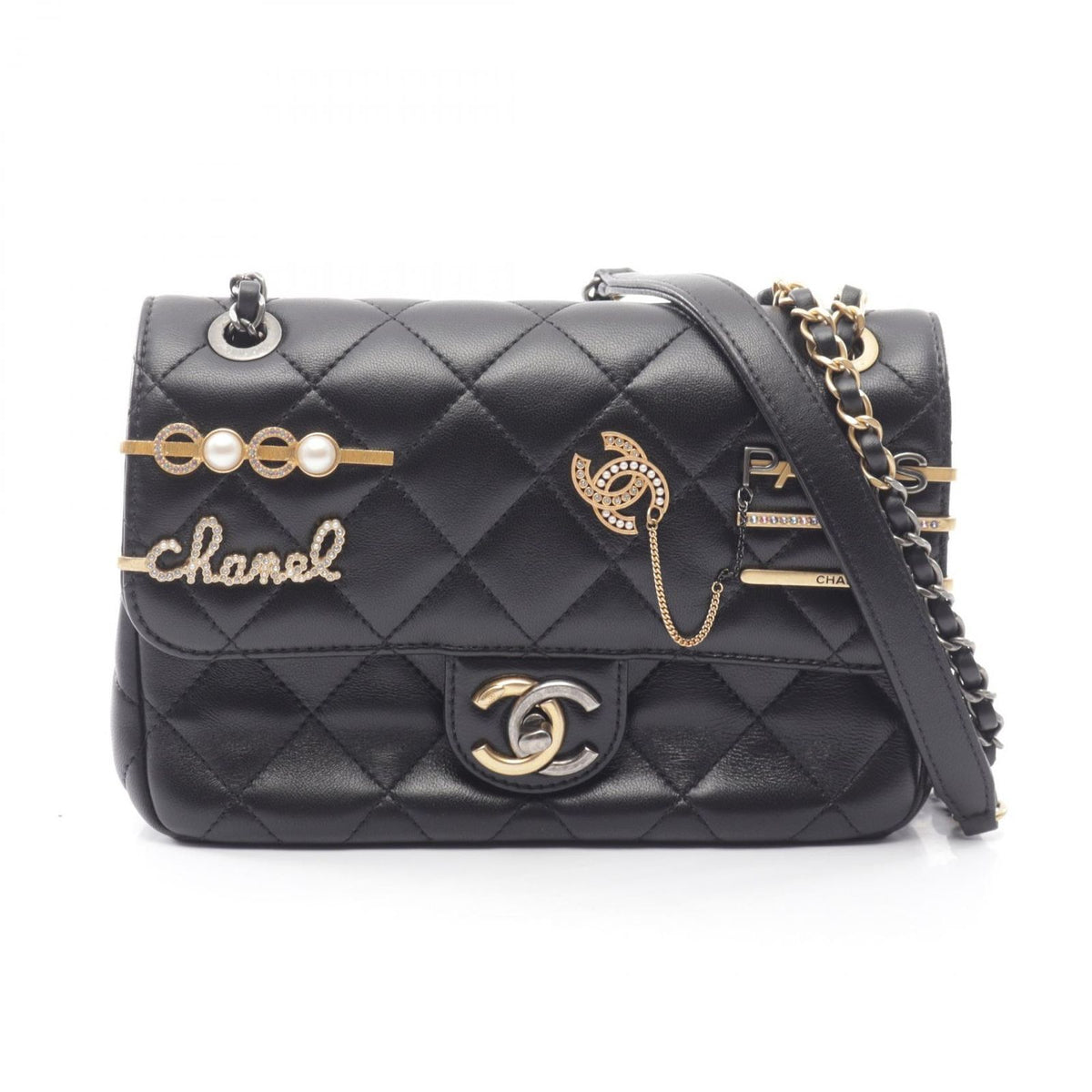 Chanel Shoulder Bag Quilted Clip Coco Black Lambskin Mini Chain