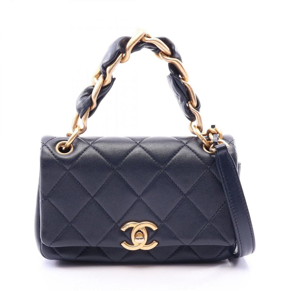 Chanel Shoulder Bag Quilted 2-Way Navy Lambskin Small Flap Chain