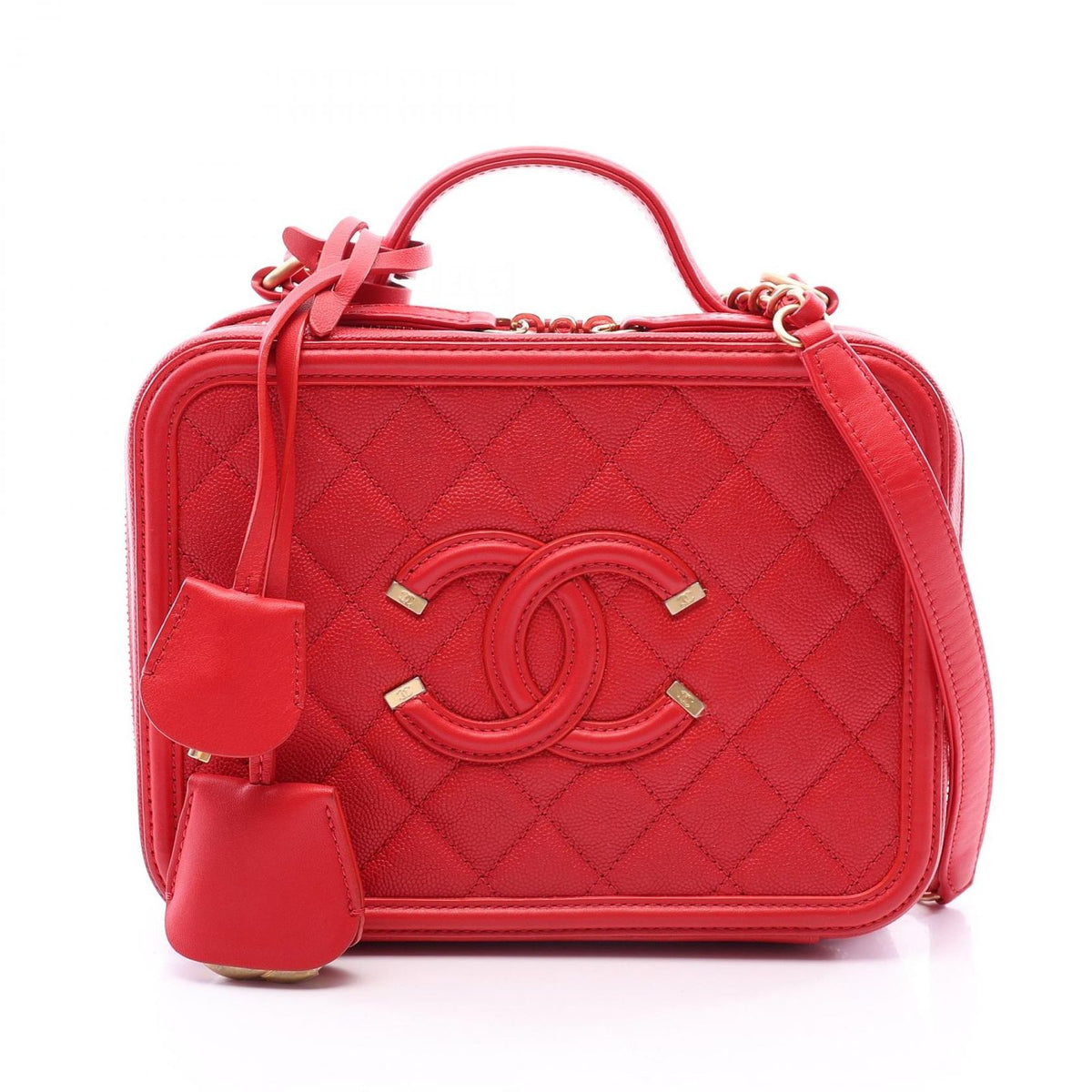 Chanel Shoulder Bag CC Filigree Vanity 2-Way Red Caviar Leather CC Quilted Chain