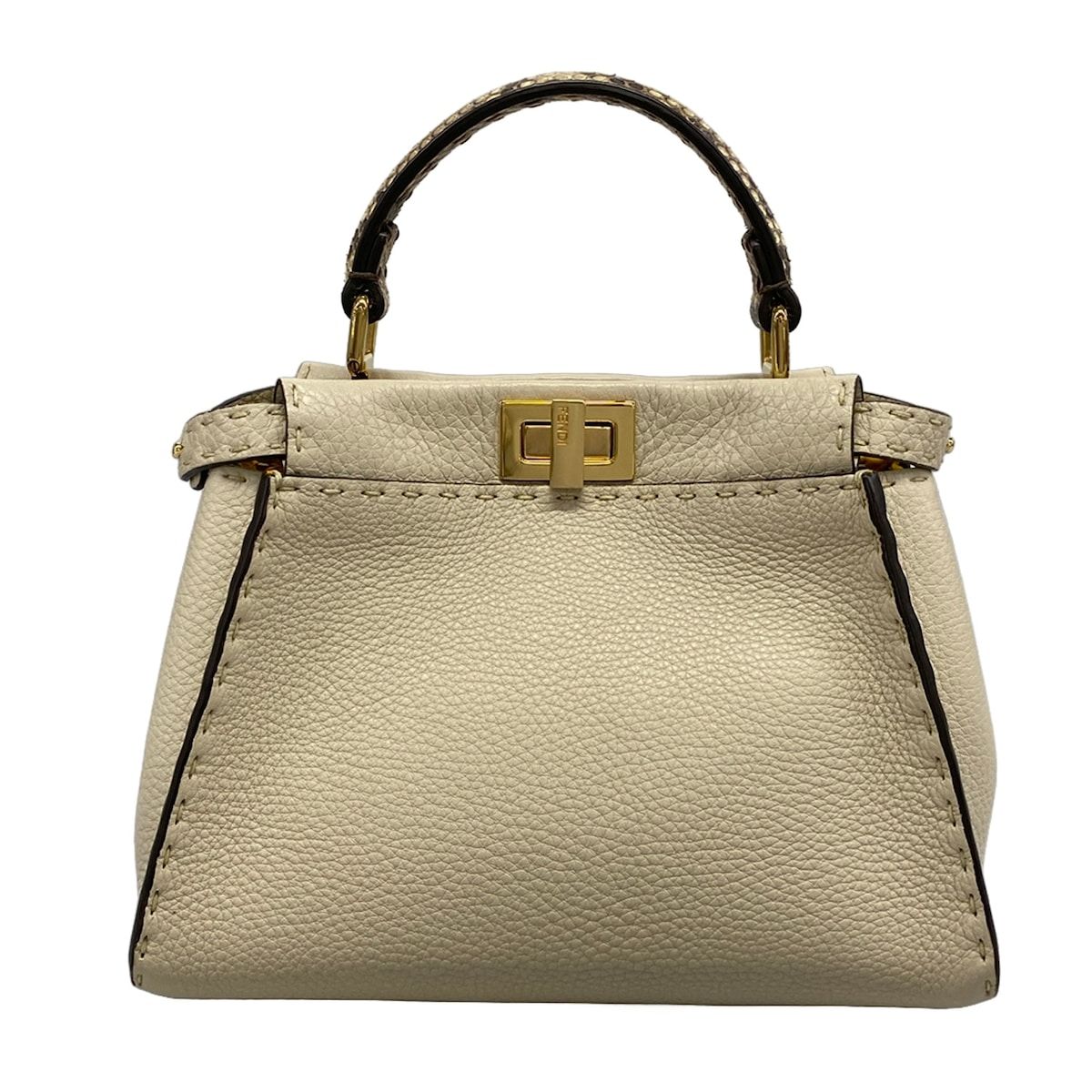 Fendi Handbag Peekaboo Iconic Small Selleria Beige Ivory Dark Brown Leather