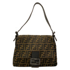 Fendi Shoulder Bag Zucca Pattern Mamma Bucket Beige Black Dark Brown Leather