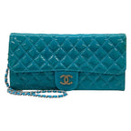 Chanel Wallet Quilted Blue Chain Silver Leather Shoulder Bag