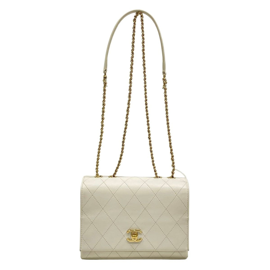 Chanel Shoulder Bag Quilted White Chain Gold Flap Lambskin