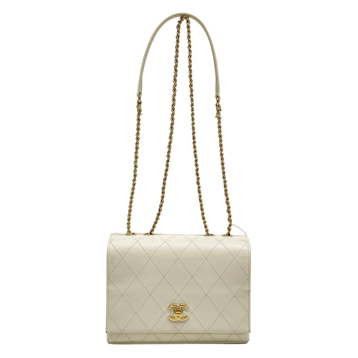 Chanel Shoulder Bag Quilted White Chain Gold Flap Lambskin