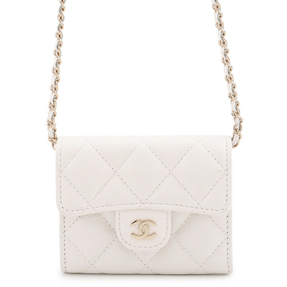 Chanel Chain Wallet Quilted CC Logo Mini Caviar Leather White Shoulder Bag