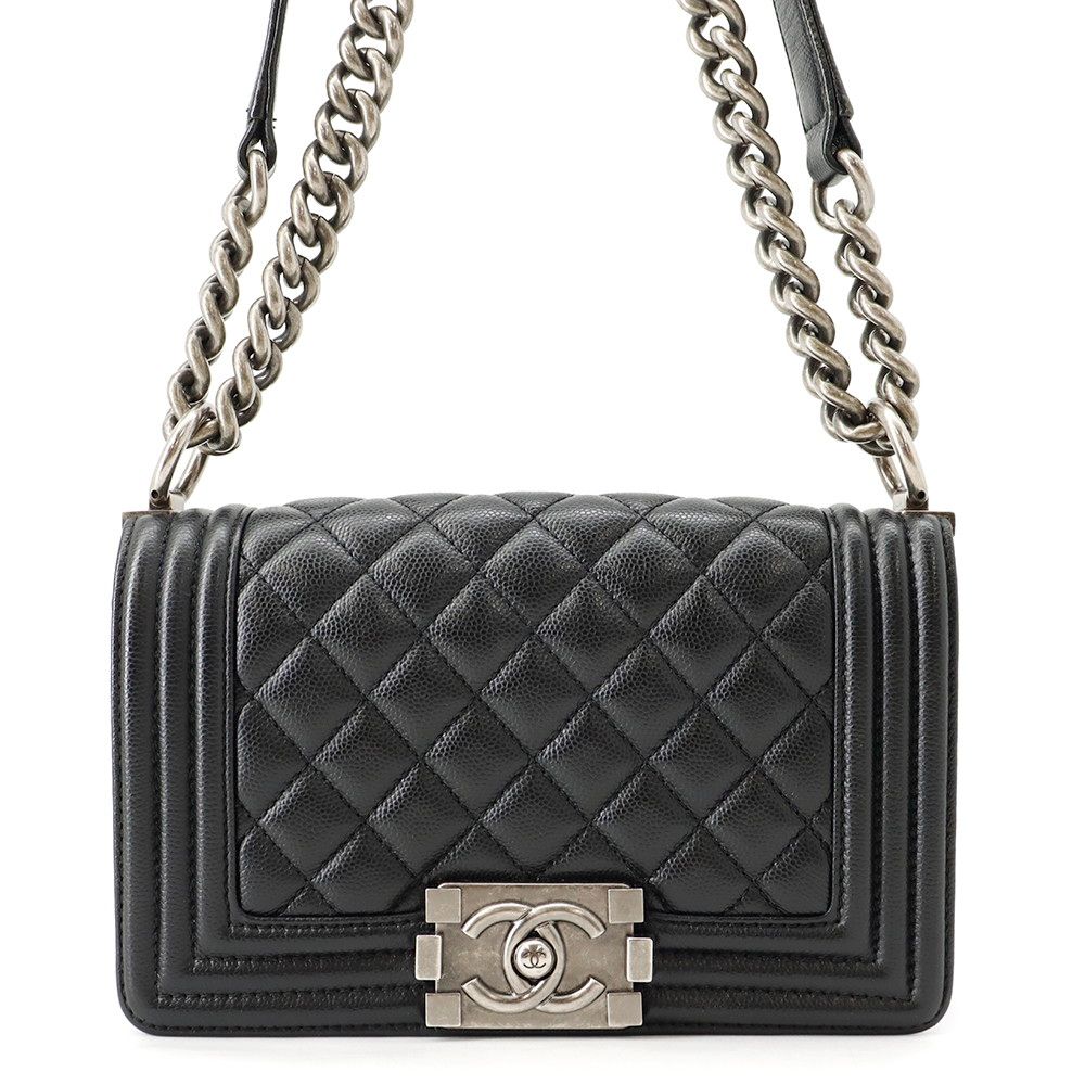 Chanel Chain Shoulder Bag Boy Small Quilted CC Logo Caviar Leather Boy Black