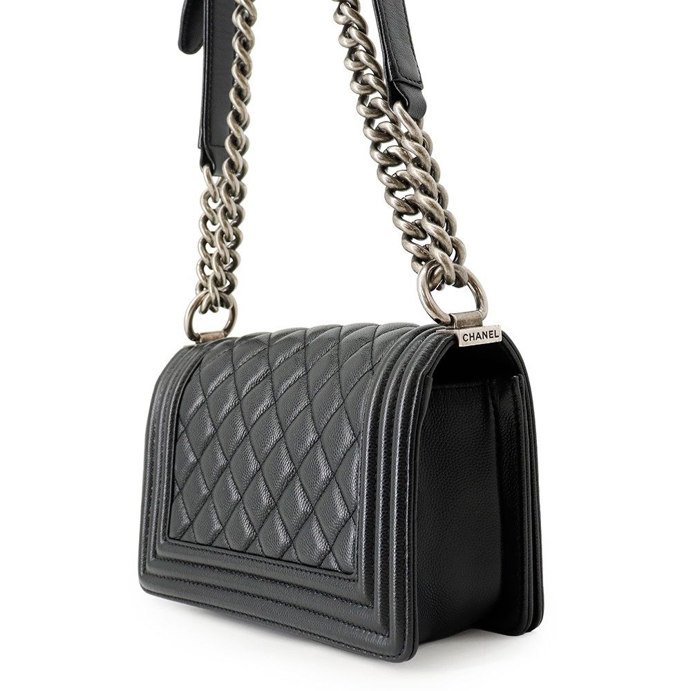 Chanel Chain Shoulder Bag Boy Small Quilted CC Logo Caviar Leather Boy Black — view 2