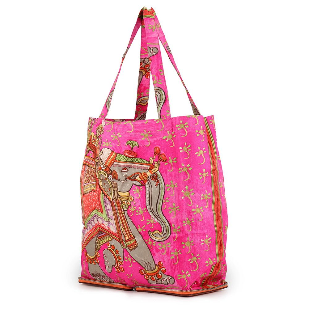 Hermes Eco Bag Silky Pop Orange Multicolor Silver Buffalo Skipper Silk Foldable — view 2